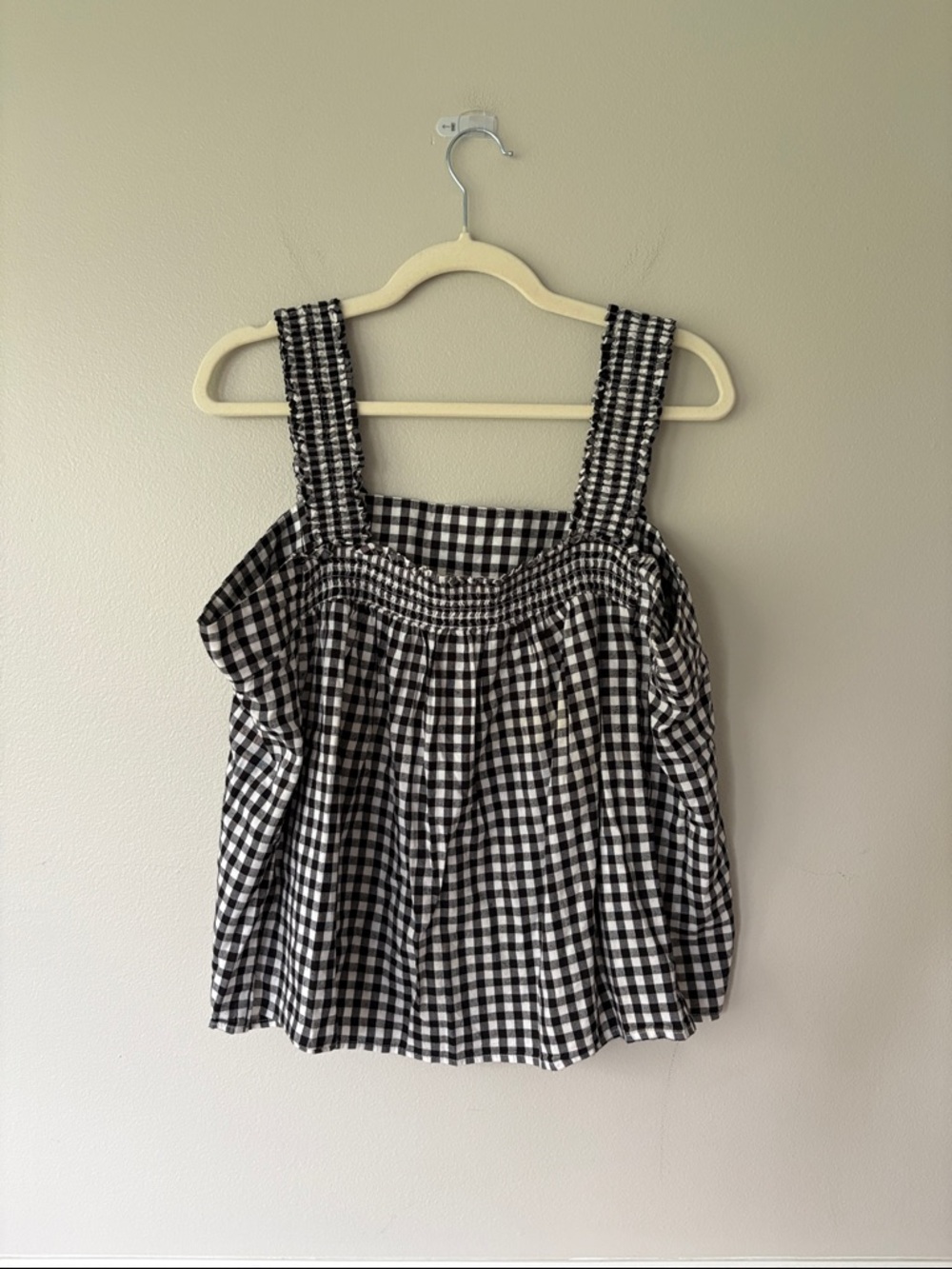 a.n.a Black & White Gingham Smocked Strap Square Neck Sleeveless Top